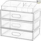 Clear Stackable Makeup Organizer with Drawer, 12''W Acrylic Storage Drawers, Cosmetic Display Case for Vanity Bathroom Counte