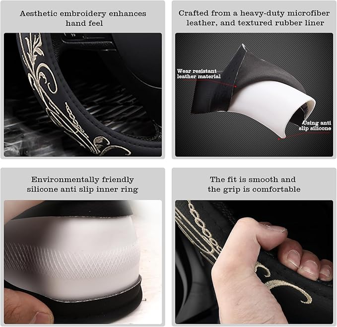 Car Leather Steering Wheel Cover - Panapi Material, Universal 14.5-15 Inch Leather Anti-Slip Breathable Auto Steering Wheel C