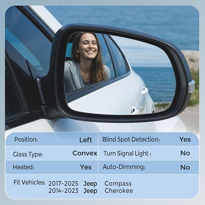 Driver Left Side Mirror Glass - Compatible with Jeep Vehicles - Compass 2017-2025, Cherokee 2014-2023, with Heated/Blind Spot Detection, without Auto Dimming, Replace# 68228919AA