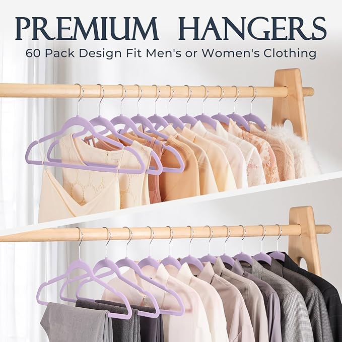 HOUSE DAY Lt-Purple Velvet Hangers 60 Pack, Non Slip Clothes Felt Hanger Heavy Duty for Coat, Premium Slim Space Saving Suit 