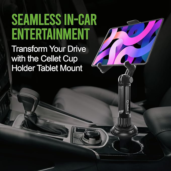 Cellet Universal Car Cup Holder Tablet Mount – Adjustable Gooseneck Stand for iPad, Galaxy, Kindle, Smartphones & More – Stable Base Fits Cup Holders 2.5"-4" for Front & Back Seat Use