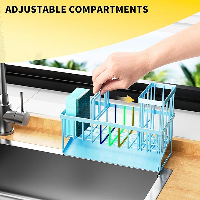 Cisily Blue Kitchen Sink Caddy Organzier with High Brush Holder, Sponge Holder for Sink, 304 Rustproof Stainless, Kitchen Cou