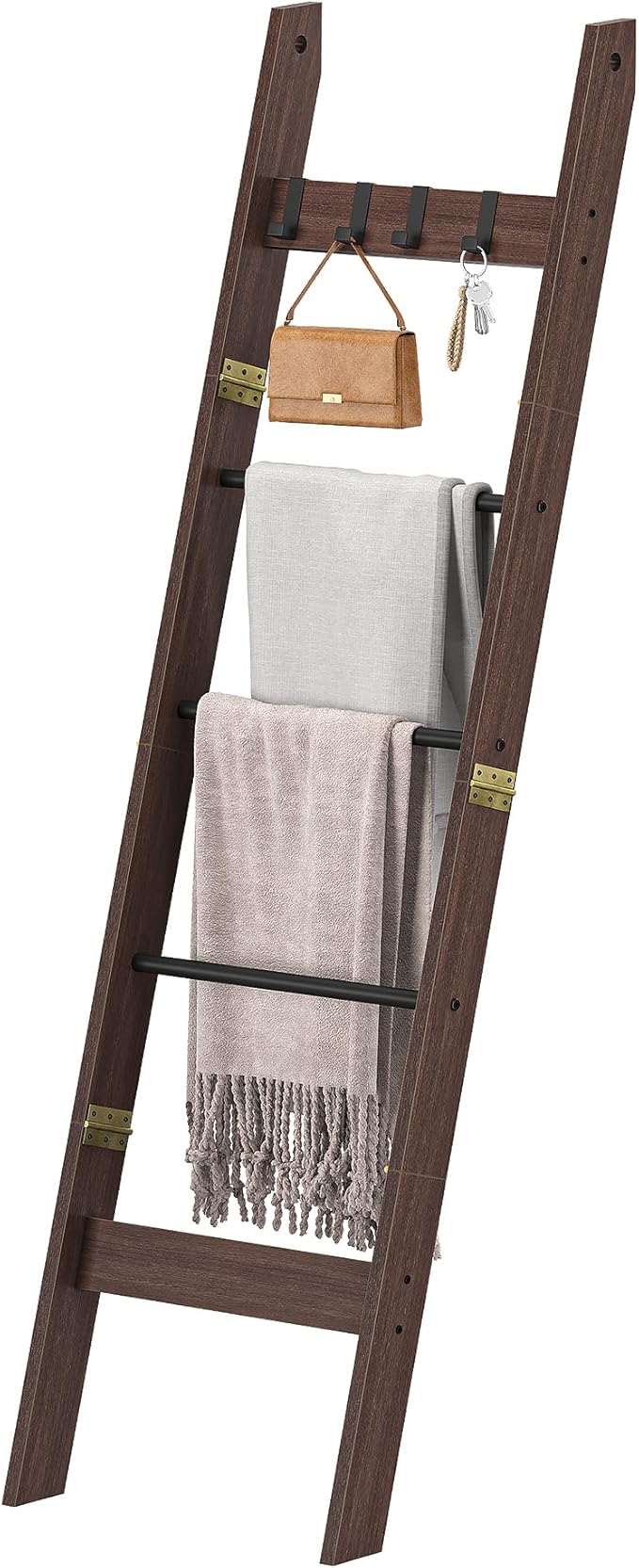 Hzuaneri Blanket Ladder for Living Room, Decorative Quilt Rack with 4 Removable Hooks, 5-Tier Farmhouse Ladder Holder Shelf O
