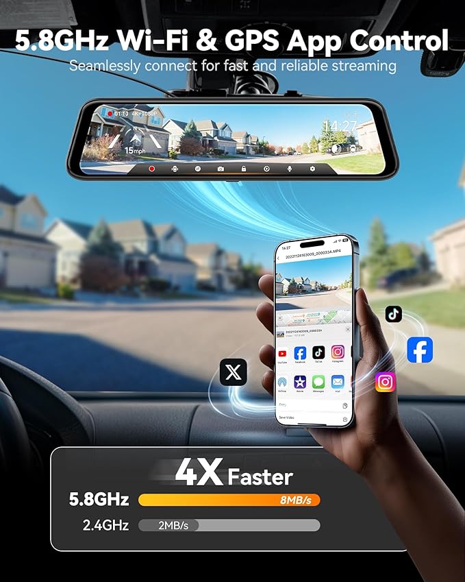 WOLFBOX G850 PRO 4K Mirror Dash Cam with ADAS and BSD, Smart Rear View Mirror with 5.8GHz WiFi, Voice Control, 12 inches Came