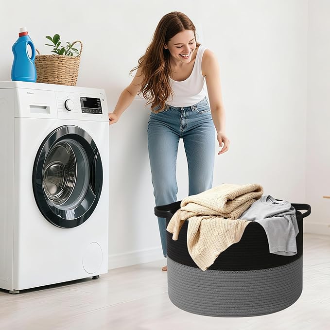 65L Large Woven Cotton Rope Blanket Basket with Handles, Laundry Hamper Storage Bin for Pillows, Comforters,Clothes, Toys, Nu