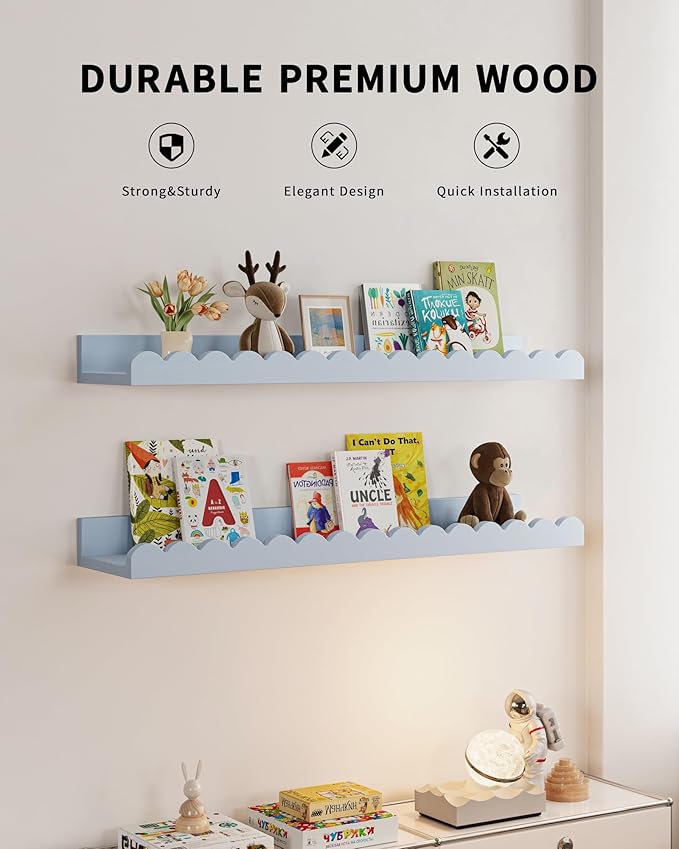 Shario Nursery Book Shelves, 4-Pack White Floating Shelves for Wall Kids, Scalloped Shelves, Wall Book Shelves for Bedroom Ki