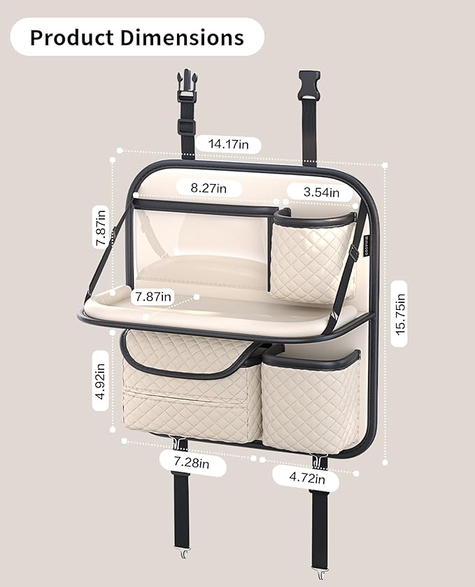 Car Seat Organizer, Backseat Organizer with Foldable Table Tray & Cup Holder, Leather Car Storage for Kids, Women & Mobile Makeup Station, Road Trip Essentials for SUV, Truck, Car (Beige)