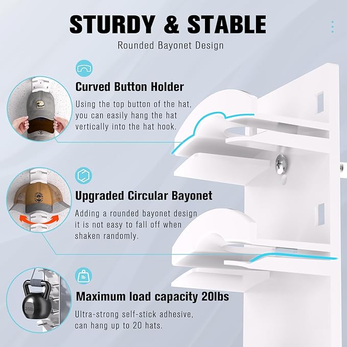 Hat Organizer for Baseball Caps 4Pack, Hat Rack for Wall with Strong Adhesive Hold up to 40 Hats, Hat Hanger Holder Display f
