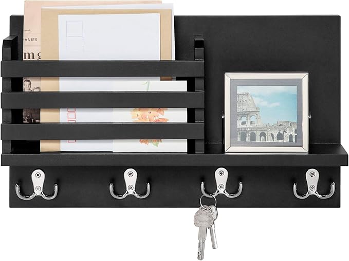 Dahey Wall Mounted Mail Holder Wooden Key Holder Rack Mail Sorter Organizer with 4 Double Key Hooks and A Floating Shelf Rust