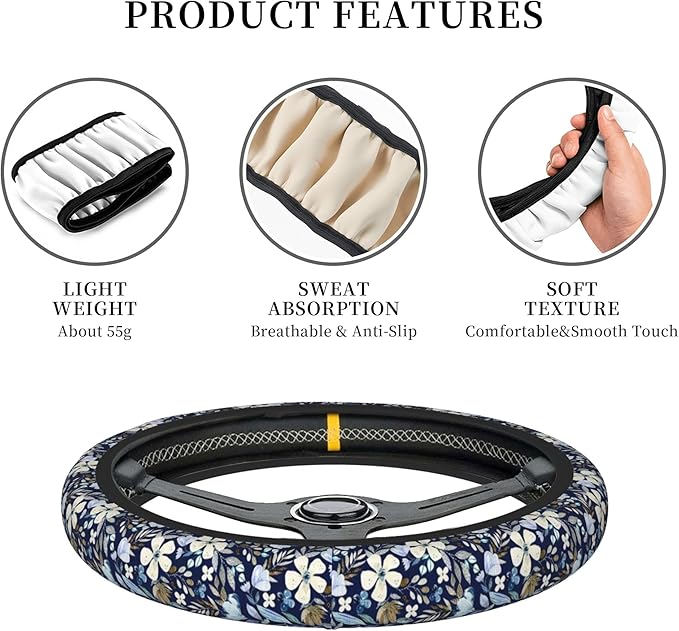 Steering Wheel Cover Universal Fit Car Interior Accessories for Women Men 15 Inch Breathable Anti Slip Odorless Neoprene Stee