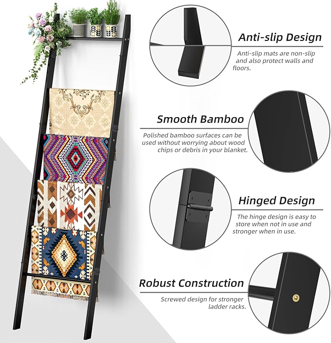 BAMBANG 6-Tier Blanket Ladder for Living Room, Blanket Quilt Ladder Rack Rustic Decorative Towel Holder, Wall Leaning Blanket