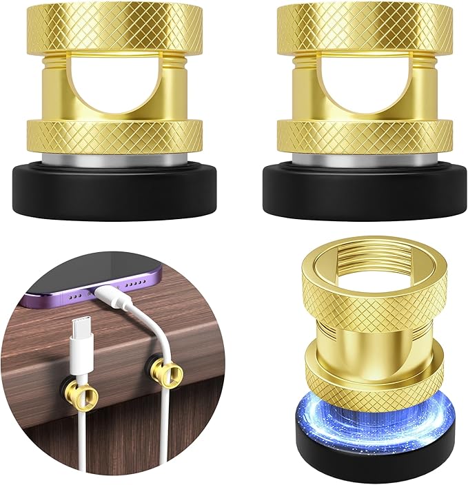 Maveek Magnetic Cable Holder, High-Grade Metal Cord Management Clips Magnet Cable Anchor For Desk Nightstand Car Office USB Charging Wires (4 Pack, Gold)