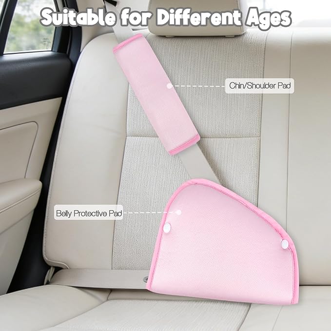Kids Seat Belt Cover Pads, Universal Seat Belt Adjuster for Kids, HNHUAMING Kid's Shoulder & Belly Protective Padding for Travel, Soft Breathable Car Seat Straps Pads for Children, Pink