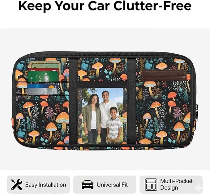 Mushroom Car Sun Visor Organizer, Auto Interior Visor Storage Pouch Holder with Zipper, Auto Interior Accessories Multi-Pocket Universal Car Accessories for Card, Document