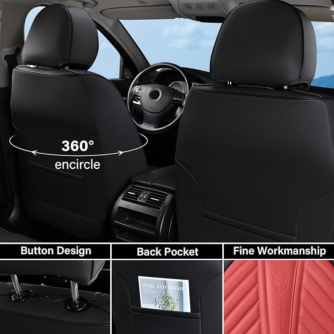 Coverado Front Car Seat Covers, Waterproof Seat Covers with Lumbar Support, Leather Seat Covers, Car Seat Covers Front Seats,