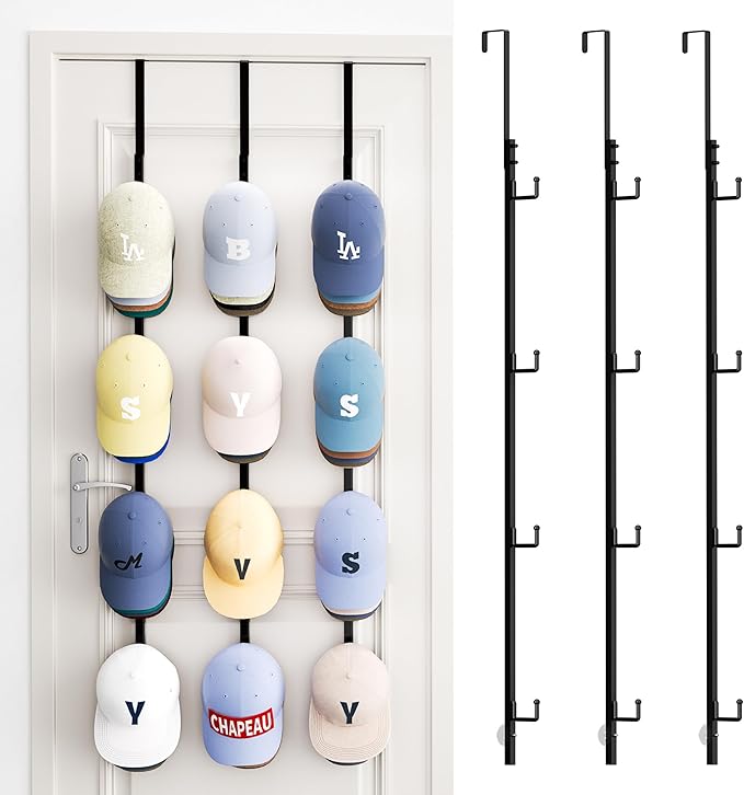 SWTYMIKI Over Door Hat Rack - 3 Packs Metal Hanging Hat Organizer with 12 Hooks Design, Baseball Cap Hanger Organizer Storage