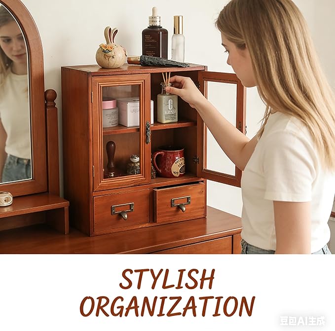 Rustic Vintage Mini Pine Counter Top Cabinet - 12" L x 4.7" W x 14" H with 2 Doors & 2 Drawers, Antique Apothecary Spice Cabi