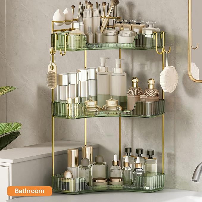 3-Tier Corner Bathroom Counter Organizer，Makeup & Skincare Shelf with Built-in Brush Holder，Space-Saving Bathroom Countertop 