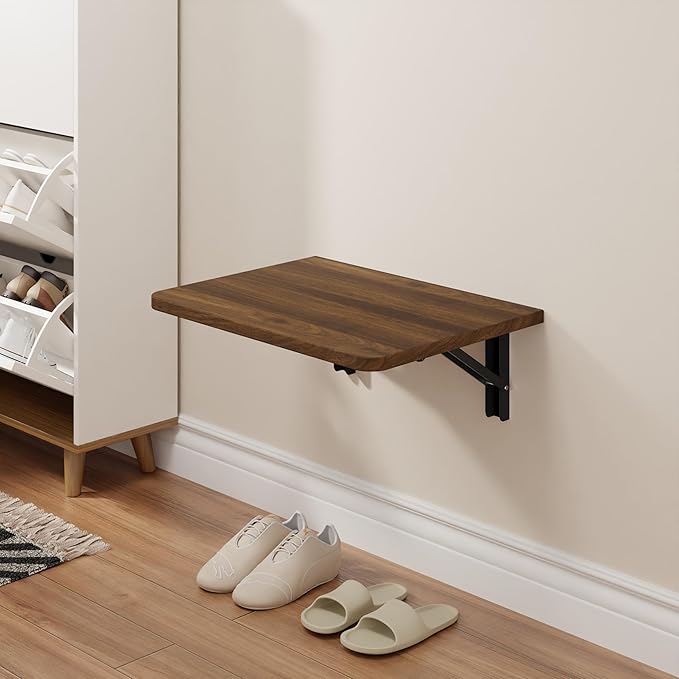 Foldable Walnut Floating Wall Shelves 16 inch, Bathroom Shelves Wall Mounted,12" Deep Wood Floating Kitchen shelves,Easy to I