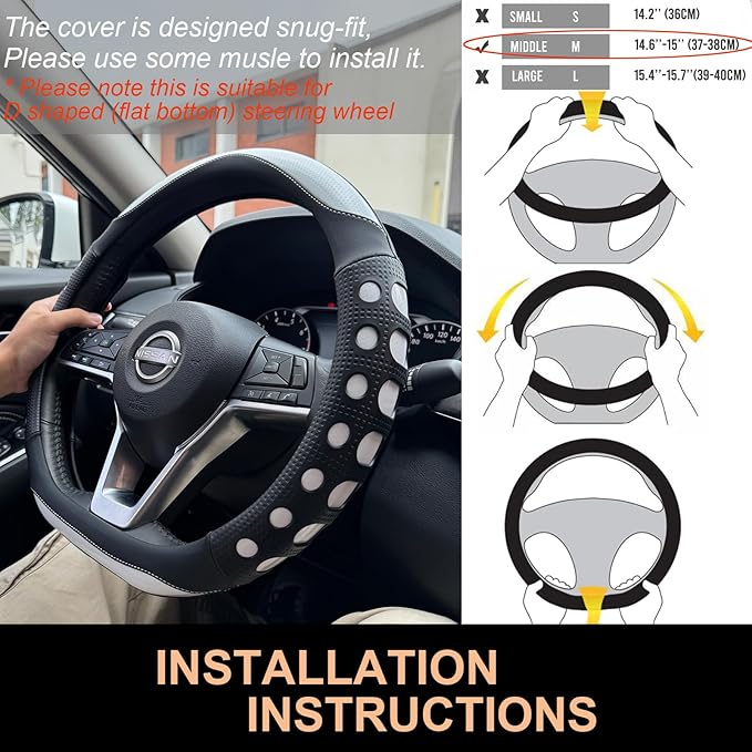 PINCTROT D Shaped Race Grip Steering Wheel Cover, Anti Slip Silicone Perforated Design with Soft Touch Padding, Enhanced Grip for Sporty Driving Flat Bottom 14.5-15 Inch (Racing White)