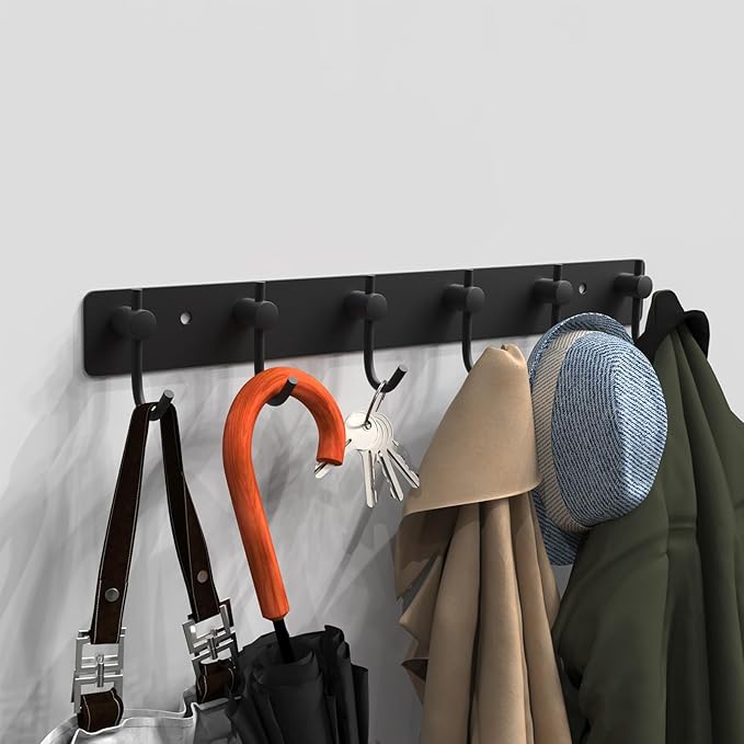 VAEHOLD Wall Hooks for Hanging, Black Coat Rack Wall Mount with 6 Coat Hooks, Towel Hanger, Hat Hooks, Robes Hook in Bathroom