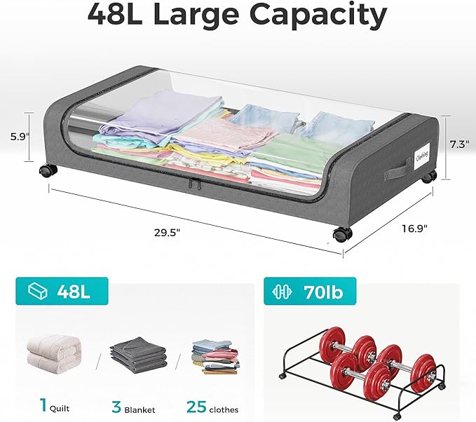 oylik 4 Pack Under Bed Storage with Wheels, Under Bed Shoe Storage Larger Capacity with PVC Clear Window & Label, Under the B