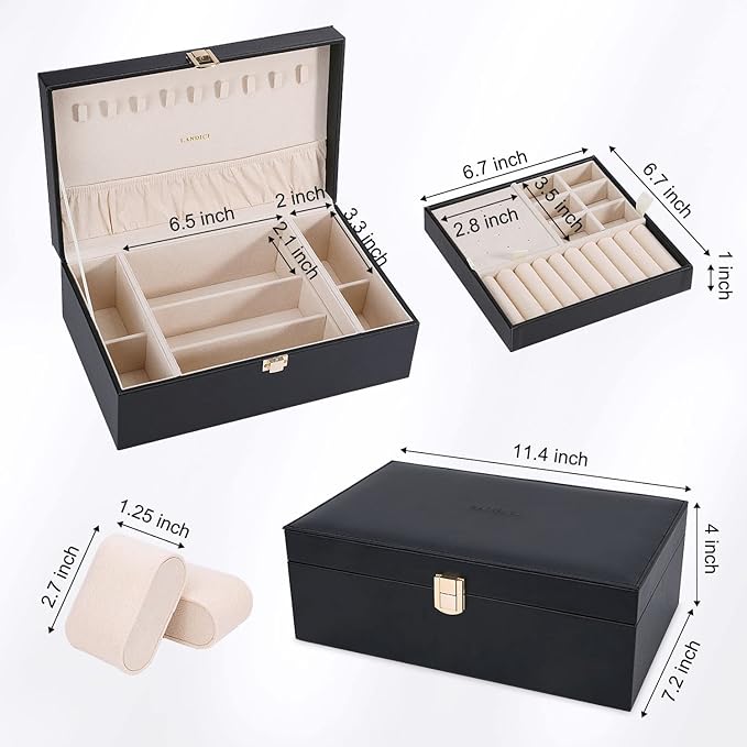 LANDICI Jewelry Box Organizer for Men Women, 2 Layer 4 Slot Watch Storage Case with Removable Tray, PU Leather Large Jeweller