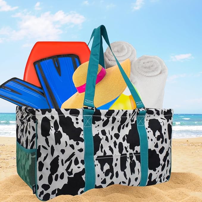NGIL Extra Large Utility Tote Reusable Grocery Bag Oversized Collapsible for Groceries, Storage, Picnic, Beach (Cow Splatter-Turquoise Blue)