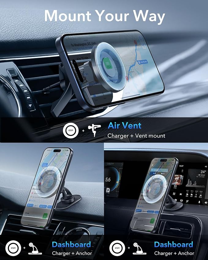 ESR for MagSafe Car Mount, Magnetic Phone Holder for Car Air Vent, Car Phone Holder Mount for iPhone 17e/17/16/16e/15/14/13/12/Samsung, All Smartphones(2 Metal Rings Included),Charging Not Supported
