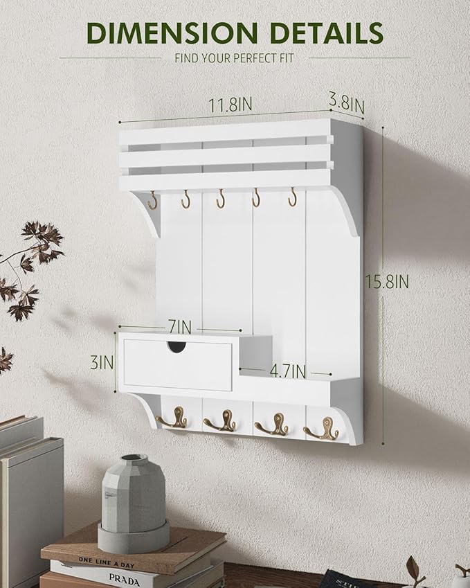 Rebee Vision Decorative Key Holder Wall Mount for Home Decor - Stylish Mail Organizer with 9 Key Hooks and Mini Drawer Organi