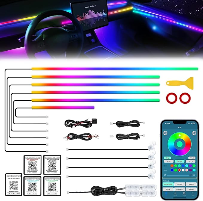 Dreamcolor Acrylic Interior Car LED Strip Light with Wireless APP, RGB 14 in 1 with 175 inches 612 LEDs Fiber Optic Strip Lights for Car, Dual Zone Symphony Neon Car Ambient Lighting