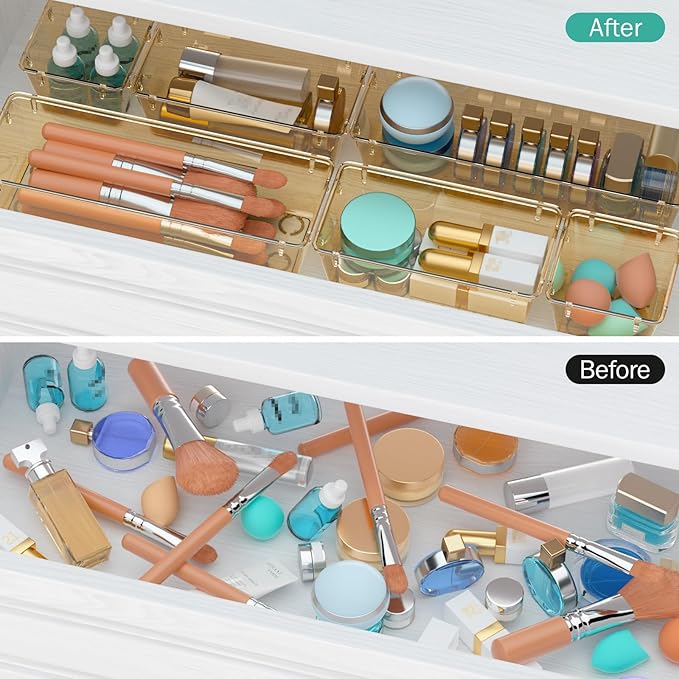 WOWBOX 12 Pack Clear Drawer Organizer Set, Acrylic Drawer Storage Trays, Storage Bins for Makeup, Cosmetics, Jewelries, Utens