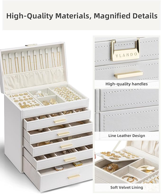 Vlando 6 Layer Large Jewelry Box - Jewelry Holder Organizer, Jewelry Box Organizer for Drawer Necklace Ring Bracelet and Watc