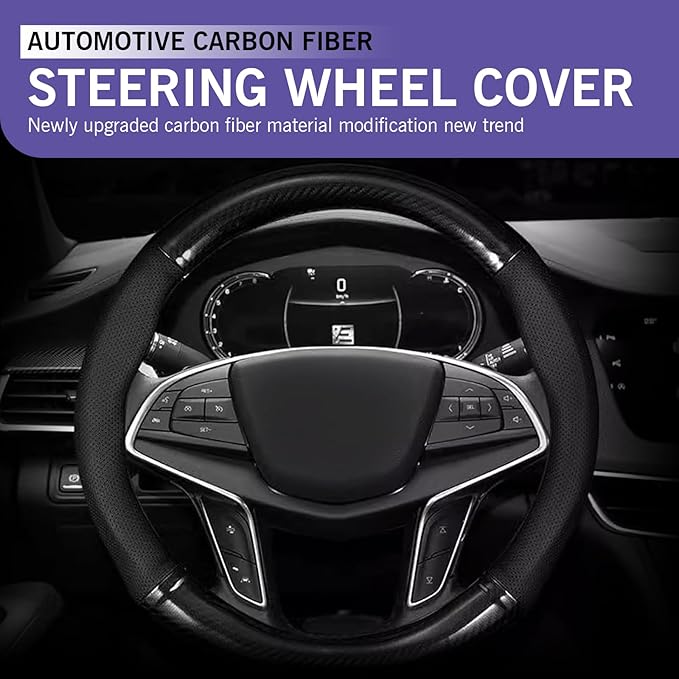 Car Steering Wheel Cover, 15 inch Carbon Fiber Steering Wheel Protector, Non-Slip Breathable Steering Wheel Cover, Four Seasons Universal Car Essential (Black)