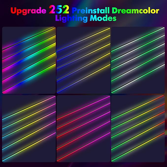 New Version Dreamcolor Acrylic Interior Car Lights 6 in 1 RGB LED Strip Lights with APP Control 252 Color Modes DIY Fiber Optic Ambient Lighting Kits Music Car Neon Light Kits
