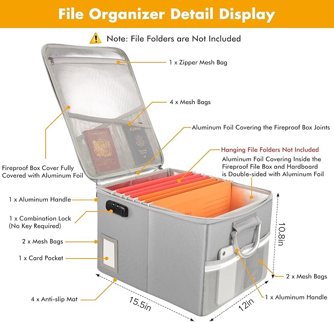 TOMKID 5200°F Fireproof Document Box, Fire Important Document Organizer with Lock, Upgraded Heat Insulated Filing Storage Cab