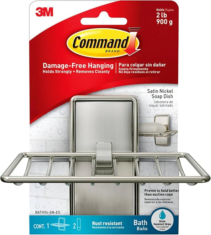 Command Soap Dish for Shower,Damage Free Hanging Bathroom Soap Dish,No Tools Bar-Soap Holder,1 Satin Nickel-Soap-Dish and 2 W