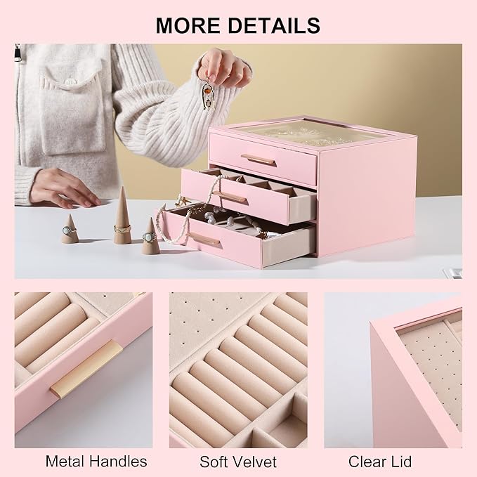 Frebeauty Clear Lid Jewelry Box,3-Layer Jewelry Organizer with Drawer,PU Leather Jewelry Organizers and Storage,Jewelry Boxes