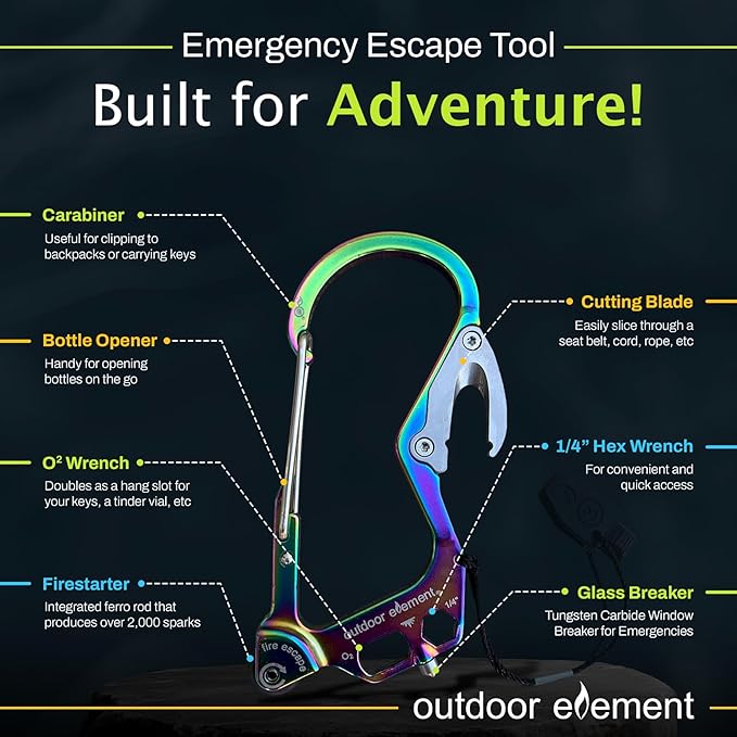 OUTDOOR ELEMENT Fire Escape, Emergency Escape Tool, Seatbelt Cutter, Window Breaker, Multi Tool, Fire Starter, Carabiner, and