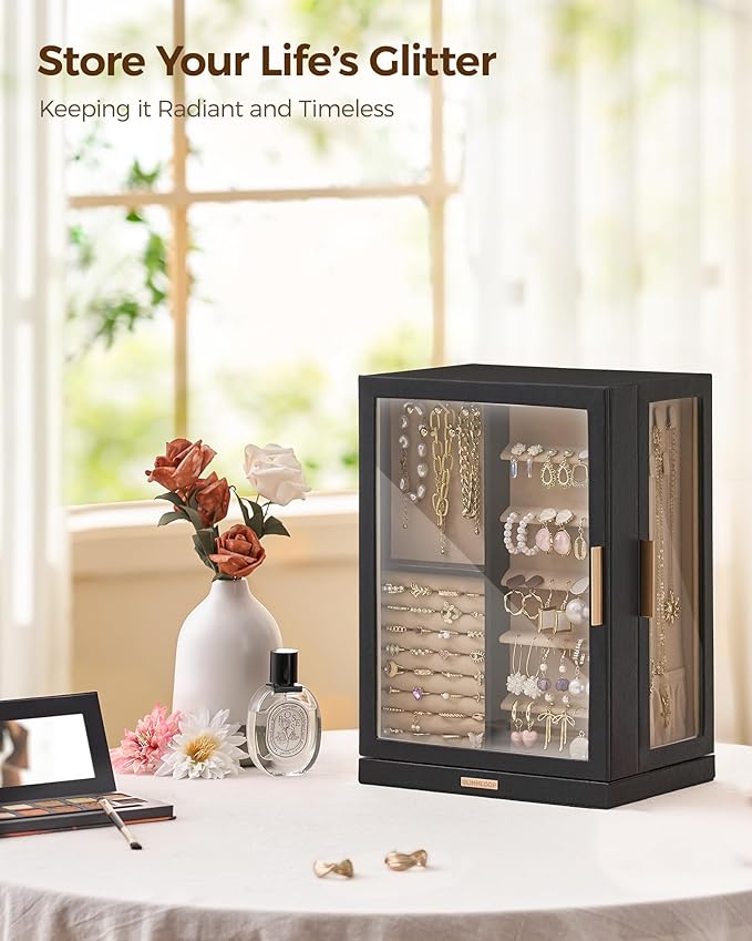 Glimmloop 360° Rotating Jewelry Box with 7 Drawers, Spacious Vertical Jewelry Organizer with Glass Window, Jewelry Storage Ca