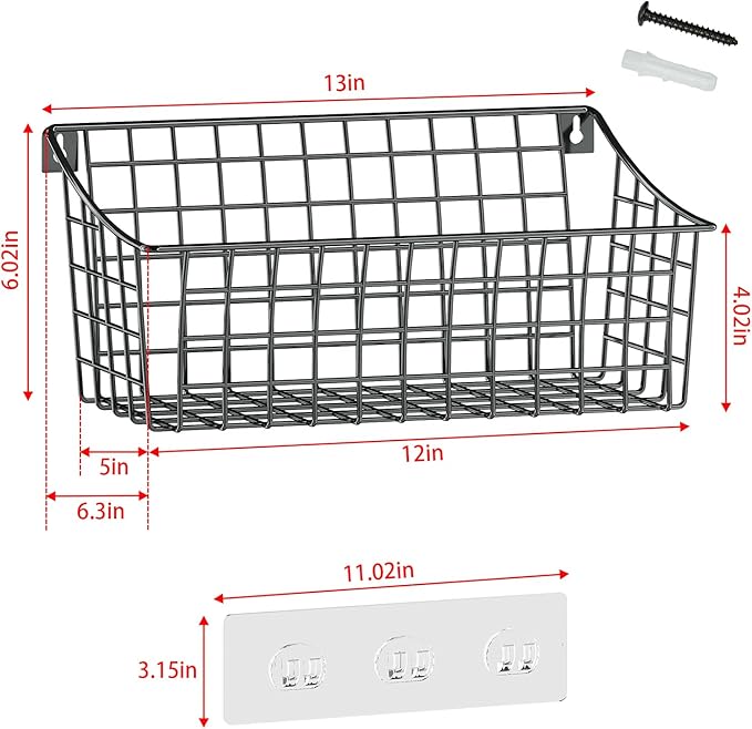 2 Pack Wall Hanging Baskets for Organizing, Large Metal Wire Basket with 5 Hooks+2 Strong Long Adhesive Hooks,Kitchen Hanging
