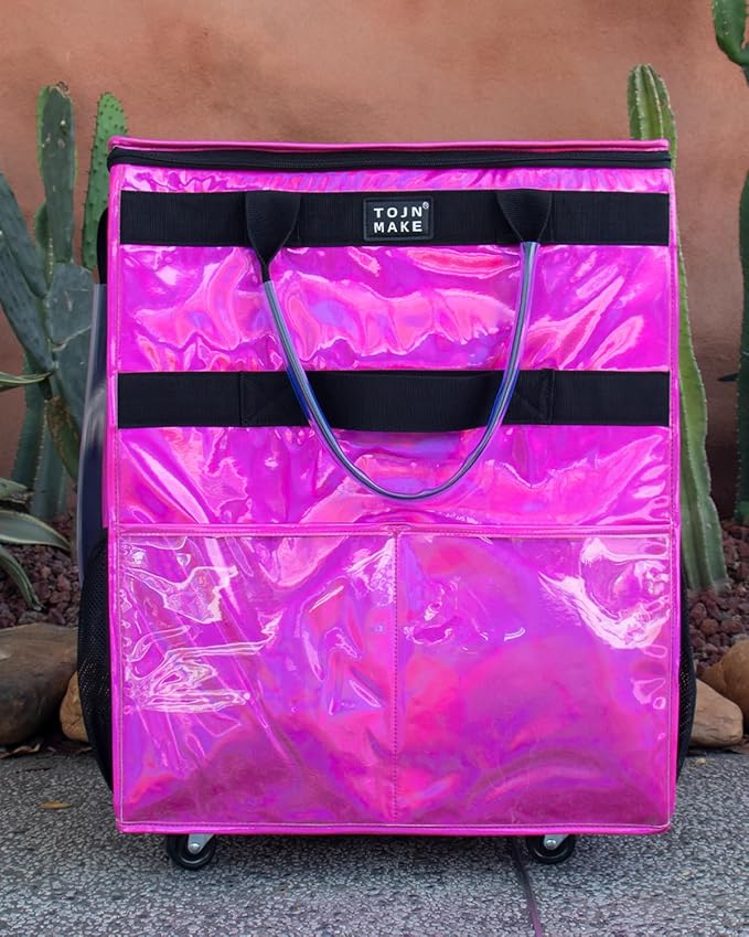 Reusable Grocery Bag with Wheels (Large, Glitter Pink), Shopping Trolley with 8 Pockets and Zipper Cover Foldable Rolling Tote for Women, Kitchen, Travel, Carries Up to 76LBS