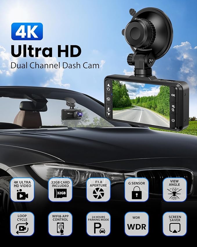 Dash Cam Front and Rear 4K/1080P, Dash Camera for Cars Build in WiFi, Full HD Dash Cam with APP Control, 3.94'' IPS Screen Da