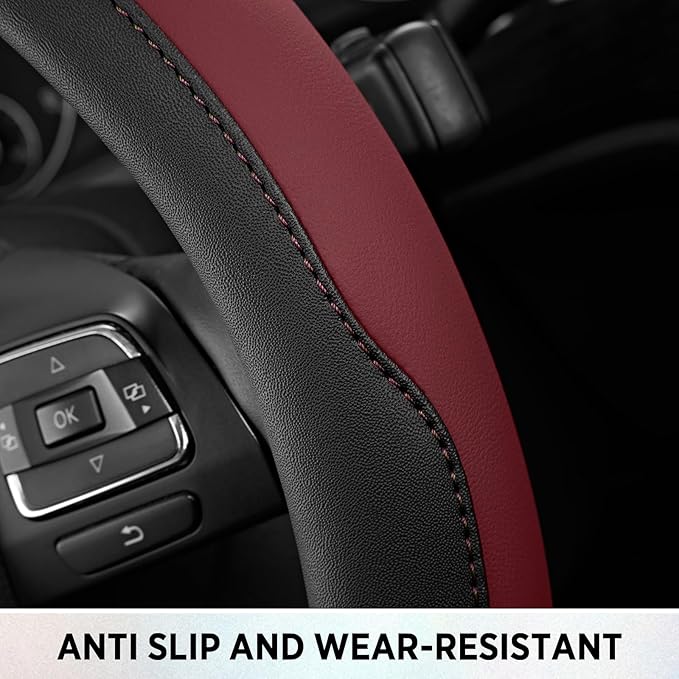 Road Comforts Steering Wheel Cover, Breathable Anti-Slip Leather Steering Wheel Cover, Universal Fit 14.5–15 Inch, Comfortabl
