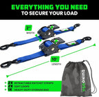 Rhino USA Retractable Ratchet Straps (2-Pack) - 2 Inch x 10 Feet (3,033lb Break Strength) - Heavy Duty Auto Self Retracting Tie Down Straps for Truck, Cargo Trailer, Motorcycle, Rad & More - Blue