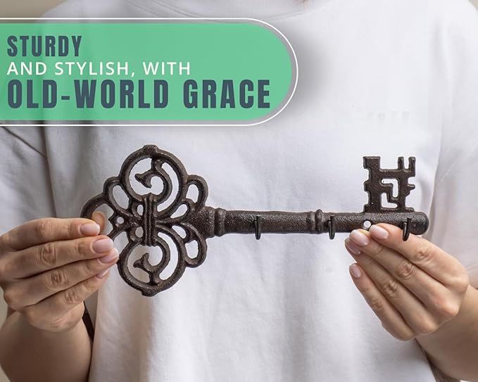 Comfify Cast Iron Skeleton Key Holder for Wall - Decorative Farmhouse Rustic Wall Mount Key Organizer - 3 Key Hooks - Vintage