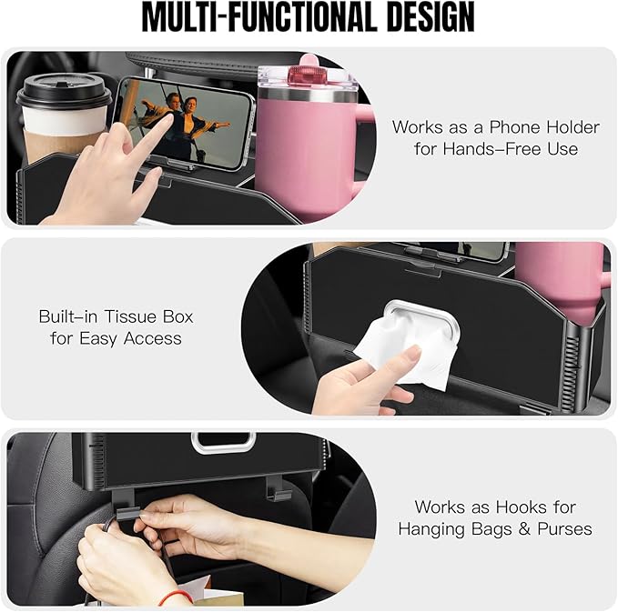 5-in-1 Car Back Seat Organizer and Storage with Extendable Cup Holder, Tissue Holder, Phone Holder, Hanging Hooks, Trash Bin, Back of Seat Car Headrest Organization Accessories for Women Man