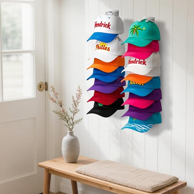 2 Pack Hat Organizer for Baseball Caps, Hat Rack for Wall Hold Up to 16 Hats, Hat Holder with Strong Adhesive and Screws, Hat
