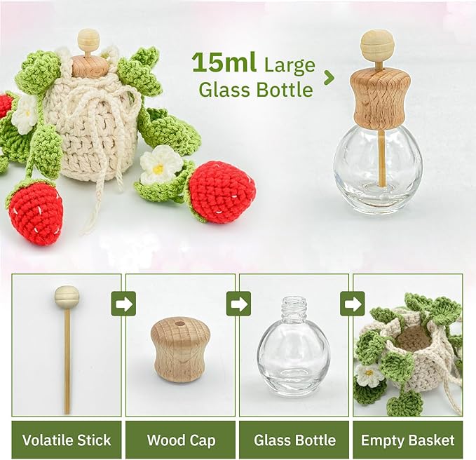 Crochet Car Air Freshener, 15ml Empty Refillable Oil Diffuser Bottle with Hanging Crochet Strawberry Plant for Car Rearview M