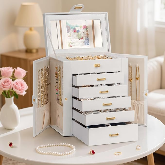 AKOZLIN 6-Tier Jewelry Box Organizer Functional 5 Drawers Leather Jewelry Storage Case for Women Girls Ring Necklace Earring 